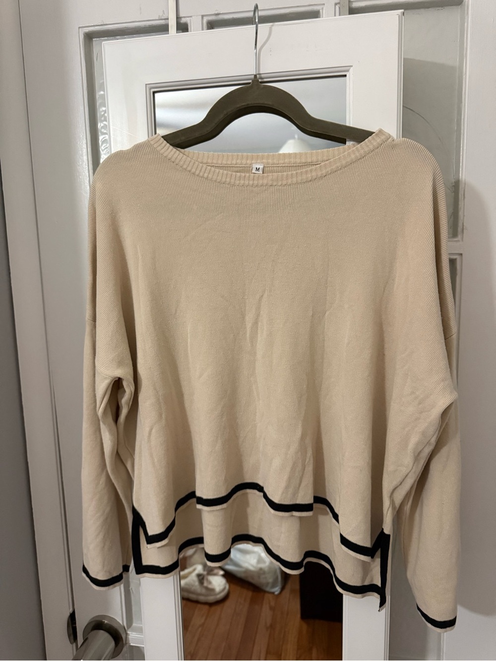 Women's Beige Crewneck Sweater with Black Trim